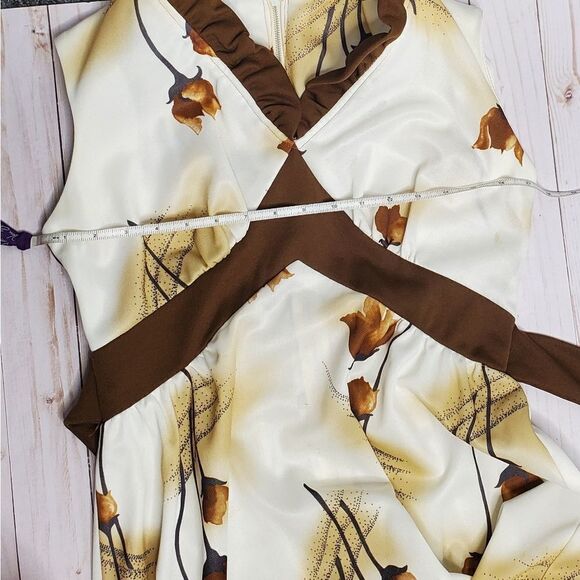 VINTAGE 70s maxi dress ruffle‎ sleeveless brown floral L - Picture 9 of 12